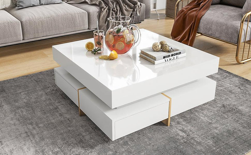 ON-TREND Modern High Gloss Coffee Table with 4 Drawers, Multi-Storage Square Cocktail Tea Table with Wood Grain Legs, Center Table for Living Room, 31.5''x31.5'', White - Supfirm