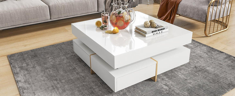 ON-TREND Modern High Gloss Coffee Table with 4 Drawers, Multi-Storage Square Cocktail Tea Table with Wood Grain Legs, Center Table for Living Room, 31.5''x31.5'', White - Supfirm