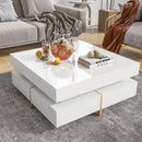 ON-TREND Modern High Gloss Coffee Table with 4 Drawers, Multi-Storage Square Cocktail Tea Table with Wood Grain Legs, Center Table for Living Room, 31.5''x31.5'', White - Supfirm