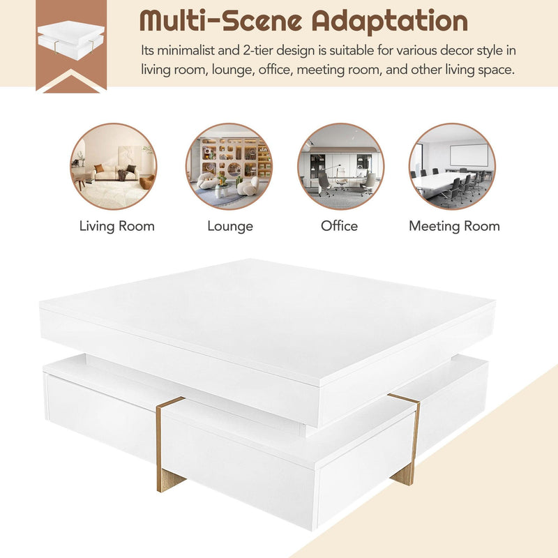 ON-TREND Modern High Gloss Coffee Table with 4 Drawers, Multi-Storage Square Cocktail Tea Table with Wood Grain Legs, Center Table for Living Room, 31.5''x31.5'', White - Supfirm