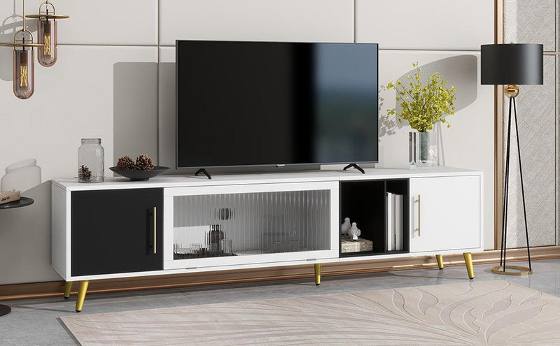 ON-TREND Stylish TV Stand with Golden Metal Handles&Legs, Two-tone Media Console for TVs Up to 80", Fluted Glass Door TV Cabinet with Removable Compartment for Living Room, White - Supfirm