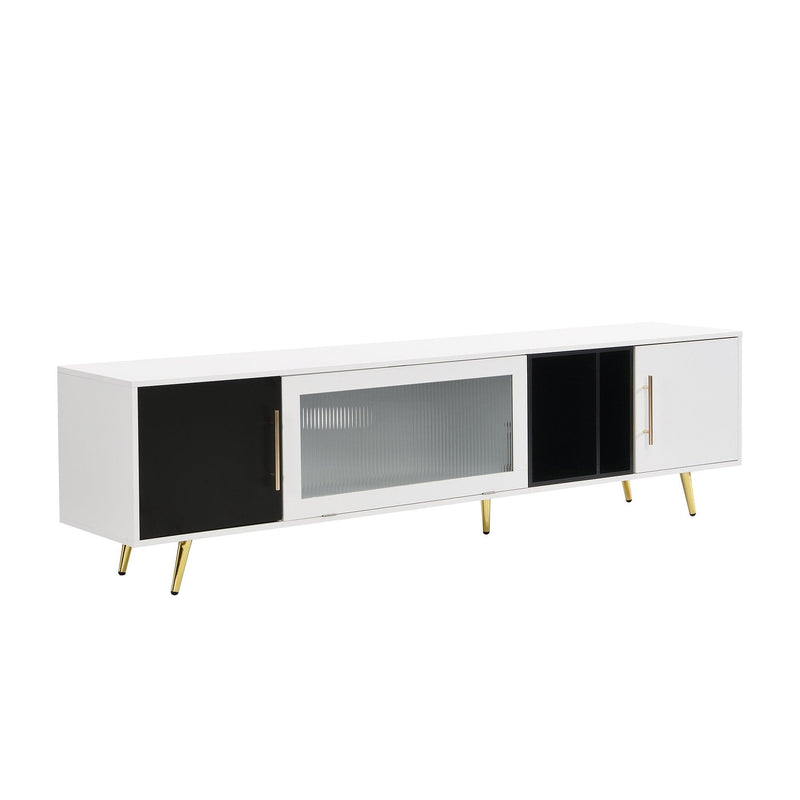 ON-TREND Stylish TV Stand with Golden Metal Handles&Legs, Two-tone Media Console for TVs Up to 80", Fluted Glass Door TV Cabinet with Removable Compartment for Living Room, White - Supfirm