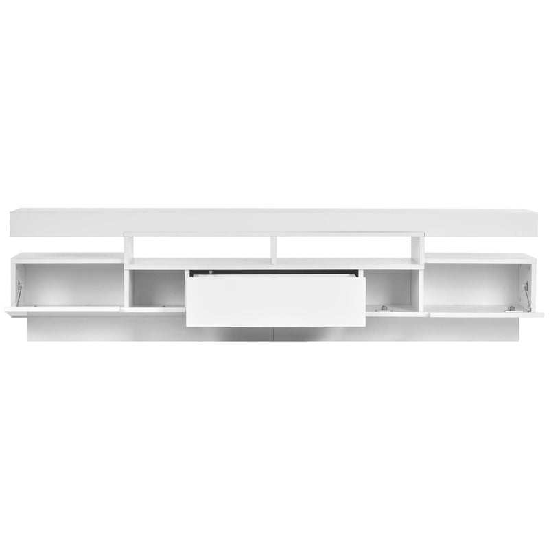 On-Trend TV Stand with 4 Open Shelves, Modern High Gloss Entertainment Center for 75 Inch TV, Universal TV Storage Cabinet with 16-color RGB LED Color Changing Lights, White - Supfirm