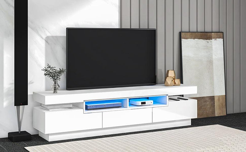On-Trend TV Stand with 4 Open Shelves, Modern High Gloss Entertainment Center for 75 Inch TV, Universal TV Storage Cabinet with 16-color RGB LED Color Changing Lights, White - Supfirm