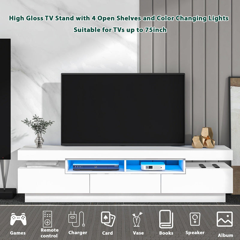 On-Trend TV Stand with 4 Open Shelves, Modern High Gloss Entertainment Center for 75 Inch TV, Universal TV Storage Cabinet with 16-color RGB LED Color Changing Lights, White - Supfirm