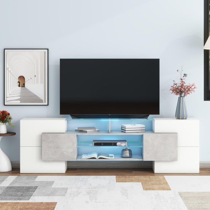 ON-TREND Unique Shape TV Stand with 2 Illuminated Glass Shelves, High Gloss Entertainment Center for TVs Up to 80", Versatile TV Cabinet with LED Color Changing Lights for Living Room, Grey - Supfirm