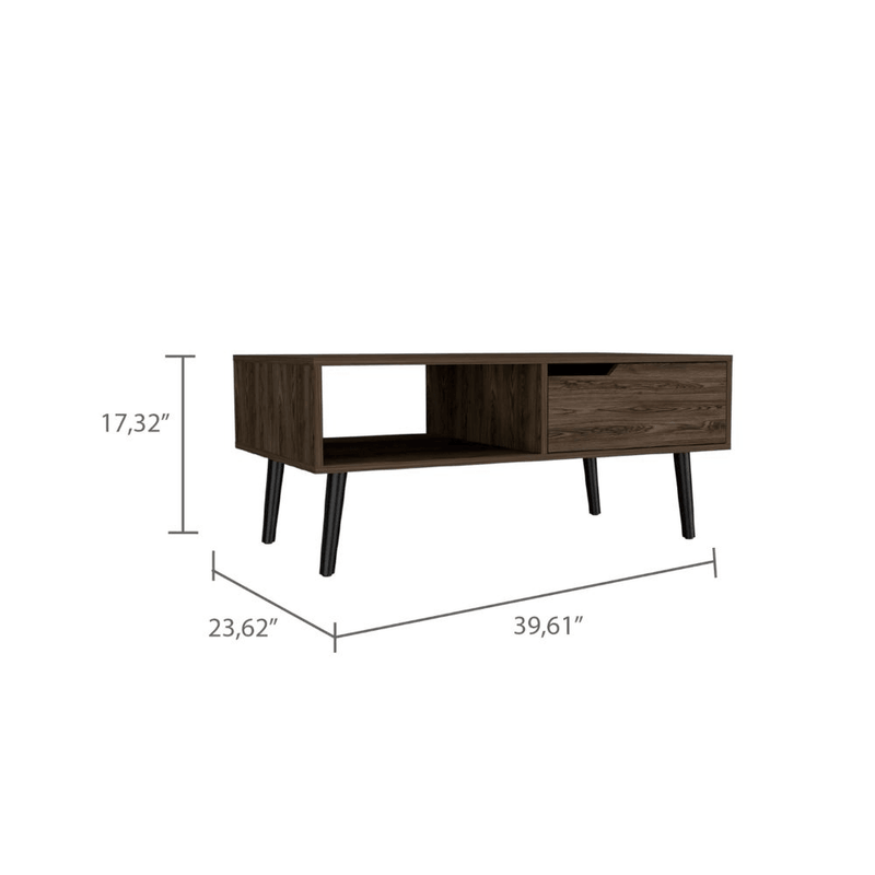 Oslo Coffee Table, One Drawer, One Open Shelf, Four Legs -Dark Walnut - Supfirm