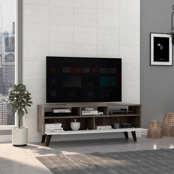 Oslo Tv Stand for TV´s up 51", Two Drawers, Four Legs, Three Open Shelves -Dark Brown / White - Supfirm