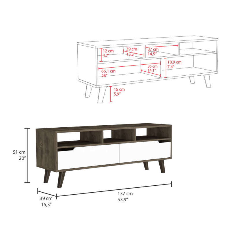 Oslo Tv Stand for TV´s up 51", Two Drawers, Four Legs, Three Open Shelves -Dark Brown / White - Supfirm