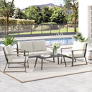 Outsunny 4 Piece Patio Furniture Set, Aluminum Conversation Set, Outdoor Garden Sofa Set with Armchairs, Loveseat, Center Coffee Table and Cushions, Cream White - Supfirm