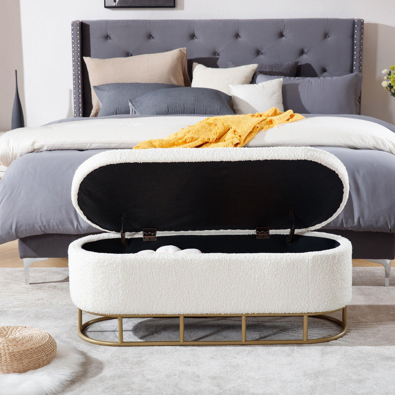 Oval Storage Bench for Living Room Bedroom End of Bed,Sherpa Fabric Plush Upholstered Storage Ottoman Entryway Bench With Metal Legs,Cream - Supfirm