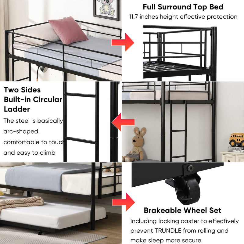 Over Twin Bunk Bed Frame with Trundle,Metal Bunkbed with Sturdy Guard Rail and 2 sideLadders for Kids/Adults,Can be Divided Into Two Beds, No Box Spring Needed, Noise Free for Dorm,Black - Supfirm