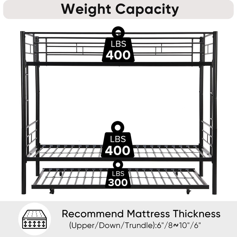 Over Twin Bunk Bed Frame with Trundle,Metal Bunkbed with Sturdy Guard Rail and 2 sideLadders for Kids/Adults,Can be Divided Into Two Beds, No Box Spring Needed, Noise Free for Dorm,Black - Supfirm