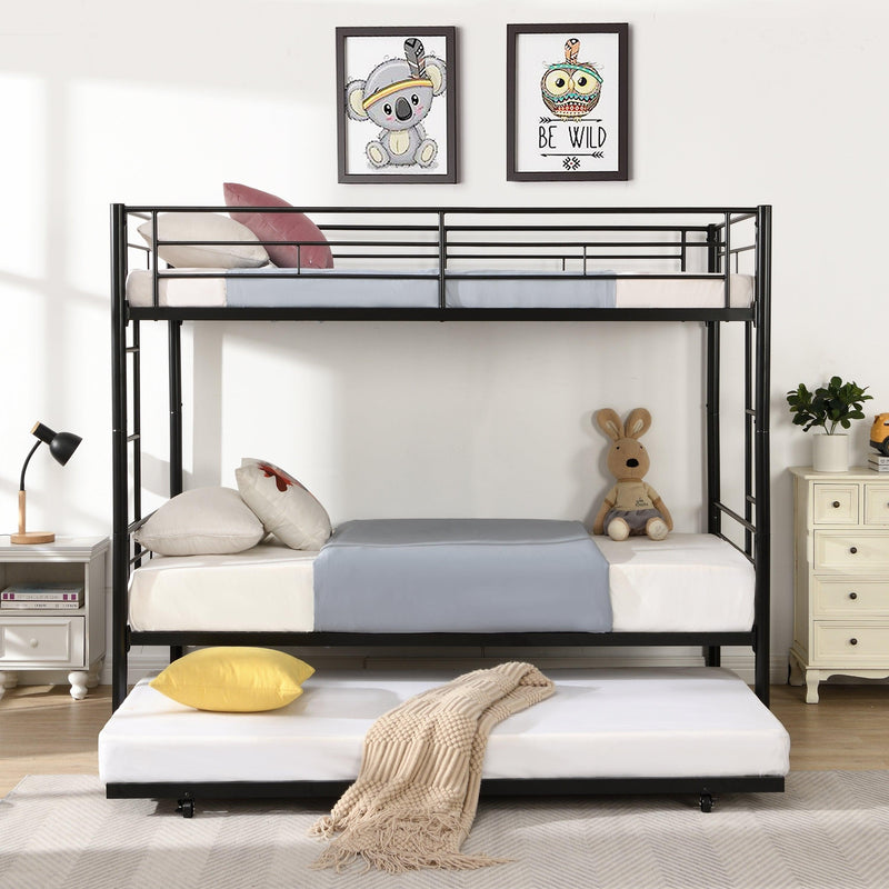 Over Twin Bunk Bed Frame with Trundle,Metal Bunkbed with Sturdy Guard Rail and 2 sideLadders for Kids/Adults,Can be Divided Into Two Beds, No Box Spring Needed, Noise Free for Dorm,Black - Supfirm