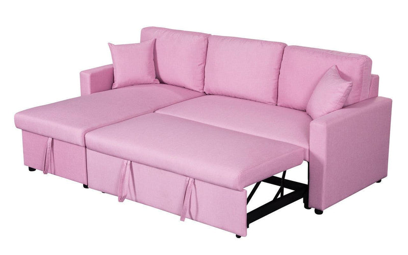 Paisley Pink Linen Fabric Reversible Sleeper Sectional Sofa with Storage Chaise - Supfirm