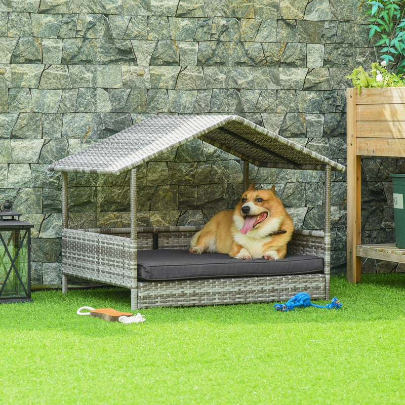 PawHut Wicker Dog House Outdoor with Canopy, Rattan Dog Bed with Water-resistant Cushion, for Small and Medium Dogs, Cream - Supfirm