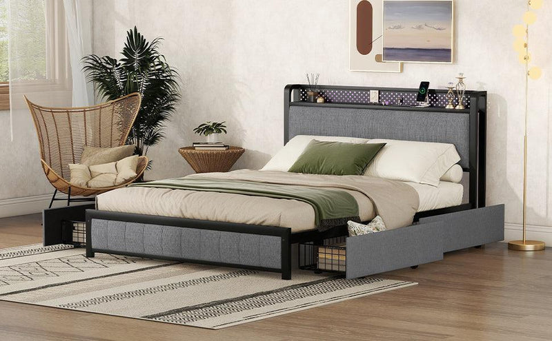 Queen Bed Frame with LED Headboard, Upholstered Bed with 4 Storage Drawers and USB Ports, Light Grey - Supfirm