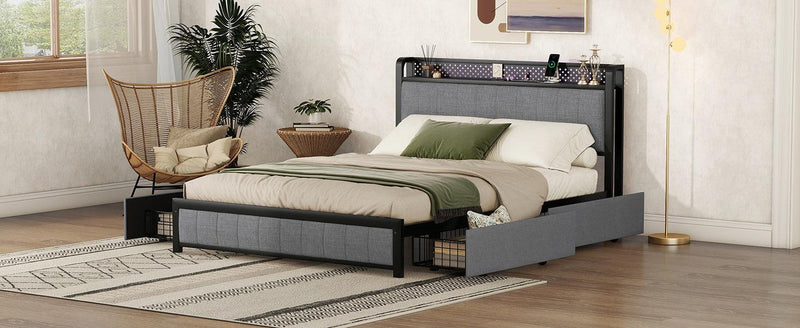 Queen Bed Frame with LED Headboard, Upholstered Bed with 4 Storage Drawers and USB Ports, Light Grey - Supfirm