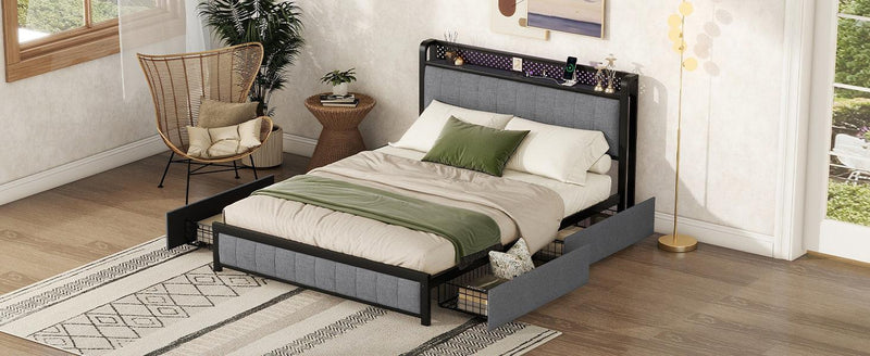 Queen Bed Frame with LED Headboard, Upholstered Bed with 4 Storage Drawers and USB Ports, Light Grey - Supfirm