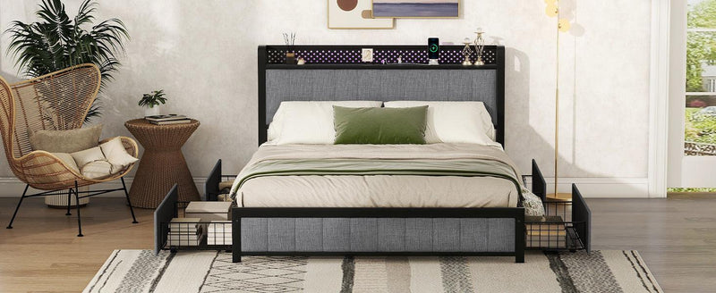 Queen Bed Frame with LED Headboard, Upholstered Bed with 4 Storage Drawers and USB Ports, Light Grey - Supfirm