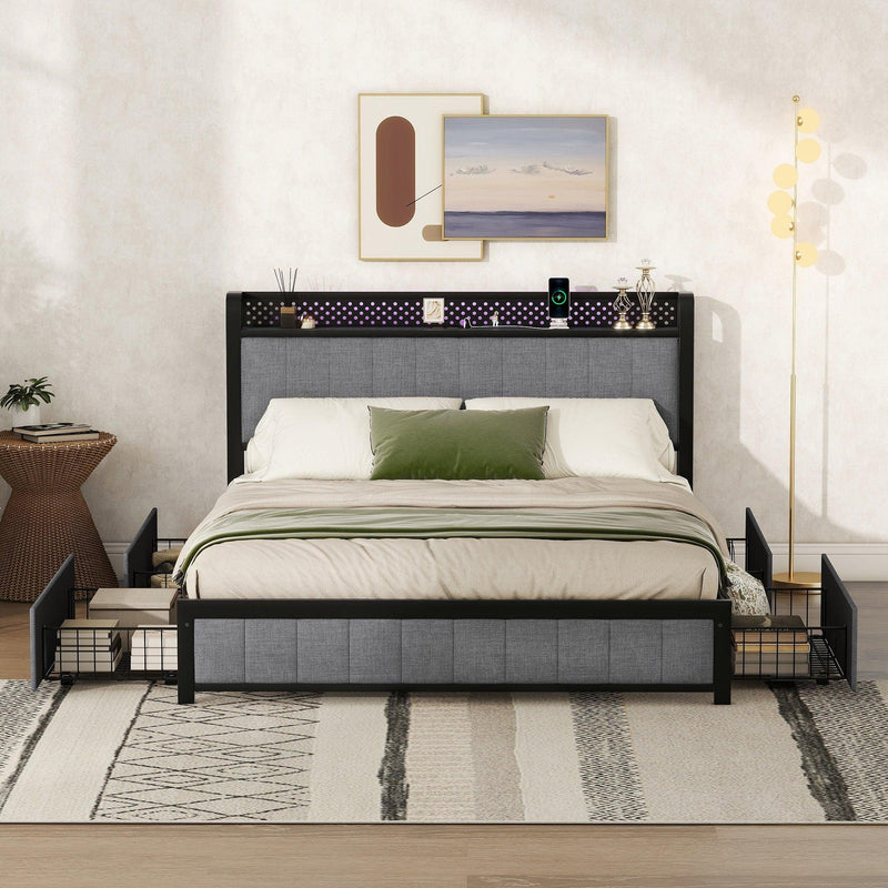 Queen Bed Frame with LED Headboard, Upholstered Bed with 4 Storage Drawers and USB Ports, Light Grey - Supfirm