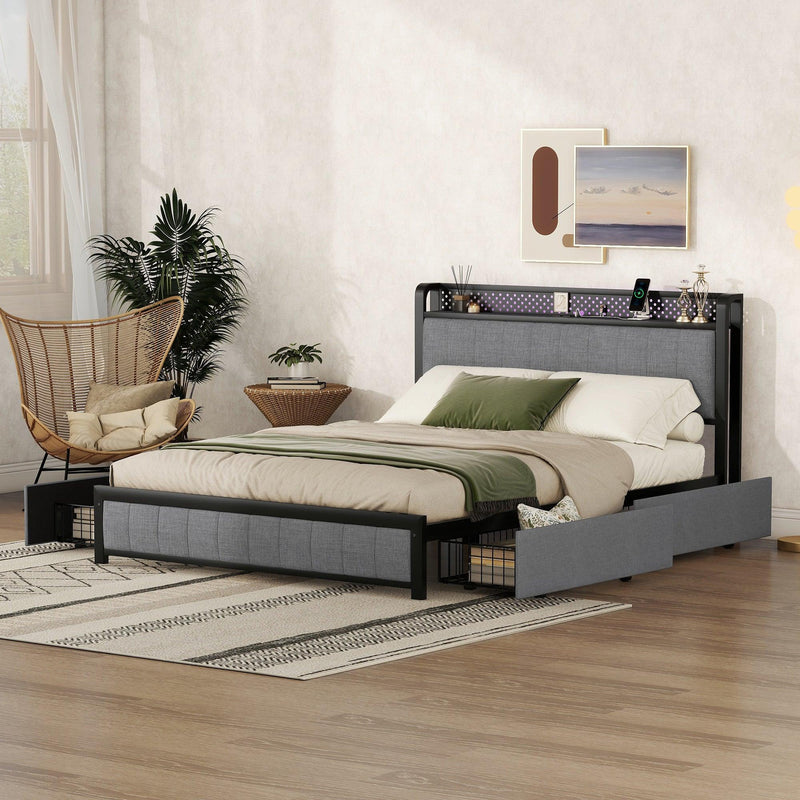 Queen Bed Frame with LED Headboard, Upholstered Bed with 4 Storage Drawers and USB Ports, Light Grey - Supfirm