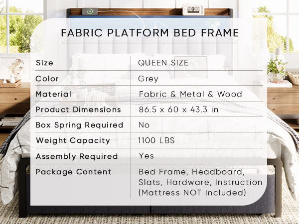 Queen Bed Frames with Storage Headboard and Drawers, LED Platform Bed Frame Queen Size, LED Upholstered Bed Frame with Charging Station, No Box Spring Needed, Easy Assembly, Grey - Supfirm