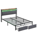 Queen Bed Frames with Storage Headboard and Drawers, LED Platform Bed Frame Queen Size, LED Upholstered Bed Frame with Charging Station, No Box Spring Needed, Easy Assembly, Grey - Supfirm