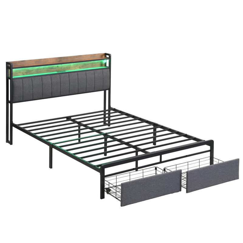 Queen Bed Frames with Storage Headboard and Drawers, LED Platform Bed Frame Queen Size, LED Upholstered Bed Frame with Charging Station, No Box Spring Needed, Easy Assembly, Grey - Supfirm