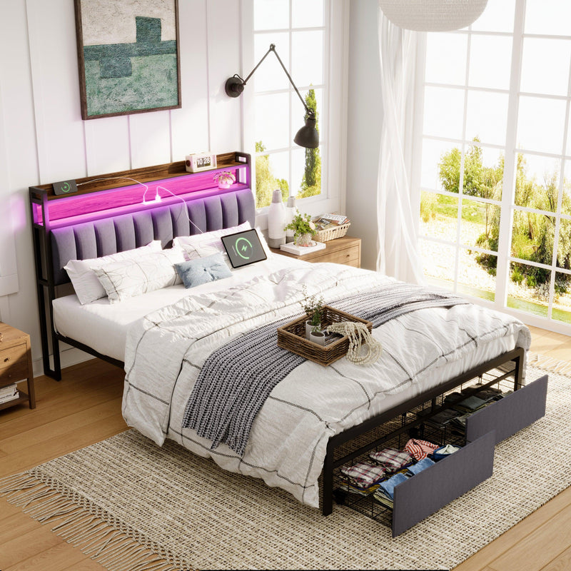 Queen Bed Frames with Storage Headboard and Drawers, LED Platform Bed Frame Queen Size, LED Upholstered Bed Frame with Charging Station, No Box Spring Needed, Easy Assembly, Grey - Supfirm