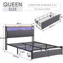 Queen Bed Frames with Storage Headboard and Drawers, LED Platform Bed Frame Queen Size, LED Upholstered Bed Frame with Charging Station, No Box Spring Needed, Easy Assembly, Grey - Supfirm