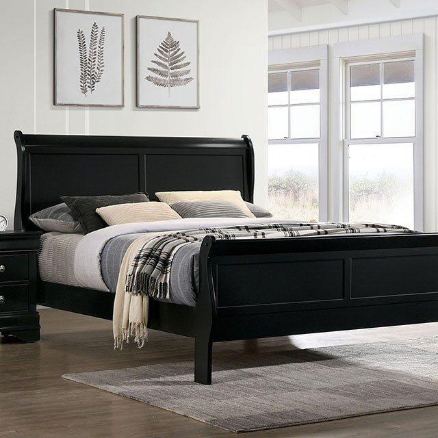 Queen Size Bed Black Louis Phillipe Solidwood 1pc Bed Bedroom Sleigh Bed, Common - Supfirm