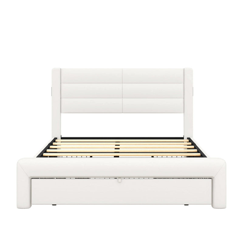 Queen Size Bed Frame with Drawers Storage, Leather Upholstered Platform Bed with Charging Station, White (Expect arrive date Jan. 12th. 2024) - Supfirm