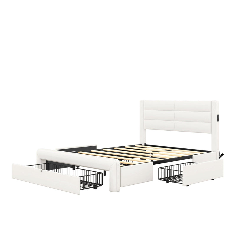 Queen Size Bed Frame with Drawers Storage, Leather Upholstered Platform Bed with Charging Station, White (Expect arrive date Jan. 12th. 2024) - Supfirm