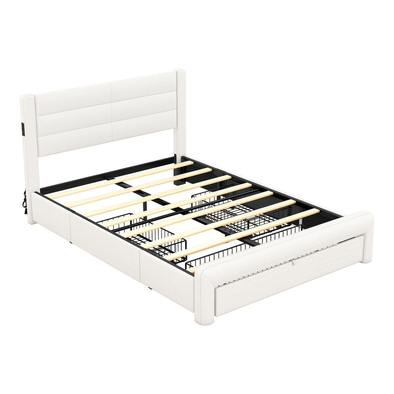 Queen Size Bed Frame with Drawers Storage, Leather Upholstered Platform Bed with Charging Station, White (Expect arrive date Jan. 12th. 2024) - Supfirm