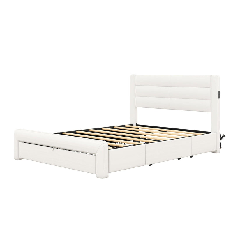 Queen Size Bed Frame with Drawers Storage, Leather Upholstered Platform Bed with Charging Station, White (Expect arrive date Jan. 12th. 2024) - Supfirm