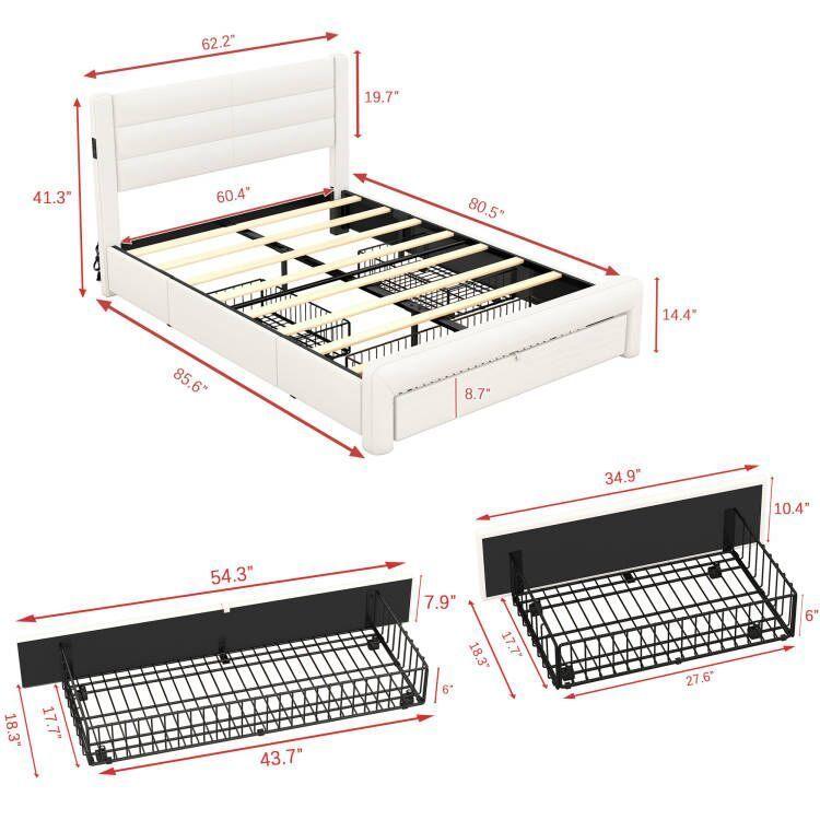 Queen Size Bed Frame with Drawers Storage, Leather Upholstered Platform Bed with Charging Station, White (Expect arrive date Jan. 12th. 2024) - Supfirm