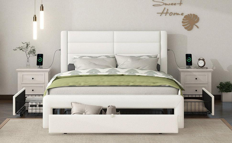 Queen Size Bed Frame with Drawers Storage, Leather Upholstered Platform Bed with Charging Station, White (Expect arrive date Jan. 12th. 2024) - Supfirm