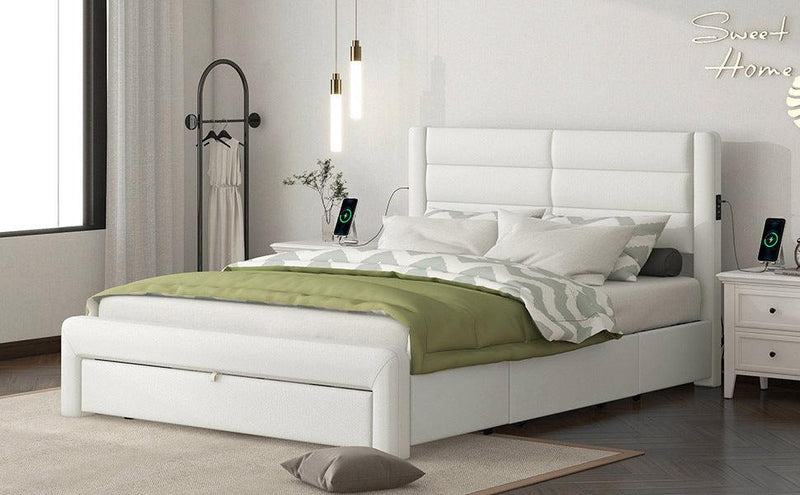 Queen Size Bed Frame with Drawers Storage, Leather Upholstered Platform Bed with Charging Station, White (Expect arrive date Jan. 12th. 2024) - Supfirm