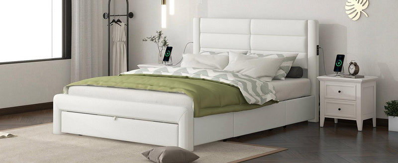 Queen Size Bed Frame with Drawers Storage, Leather Upholstered Platform Bed with Charging Station, White (Expect arrive date Jan. 12th. 2024) - Supfirm