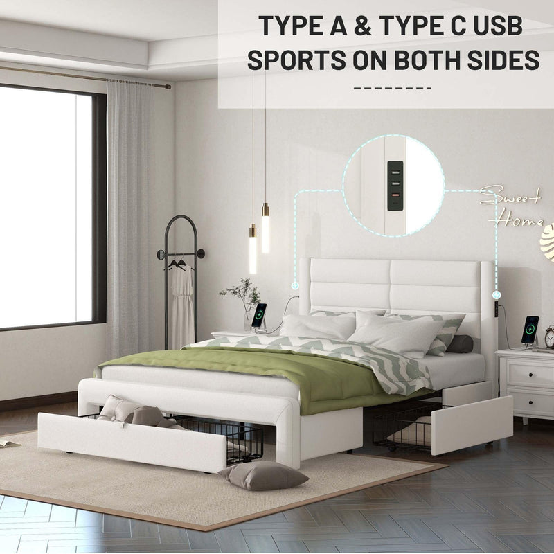 Queen Size Bed Frame with Drawers Storage, Leather Upholstered Platform Bed with Charging Station, White (Expect arrive date Jan. 12th. 2024) - Supfirm