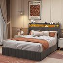 Queen Size Bed Frame with LED, 4 Under-bed Portable Storage Drawers, Wings Headboard Design, Dark Grey - Supfirm