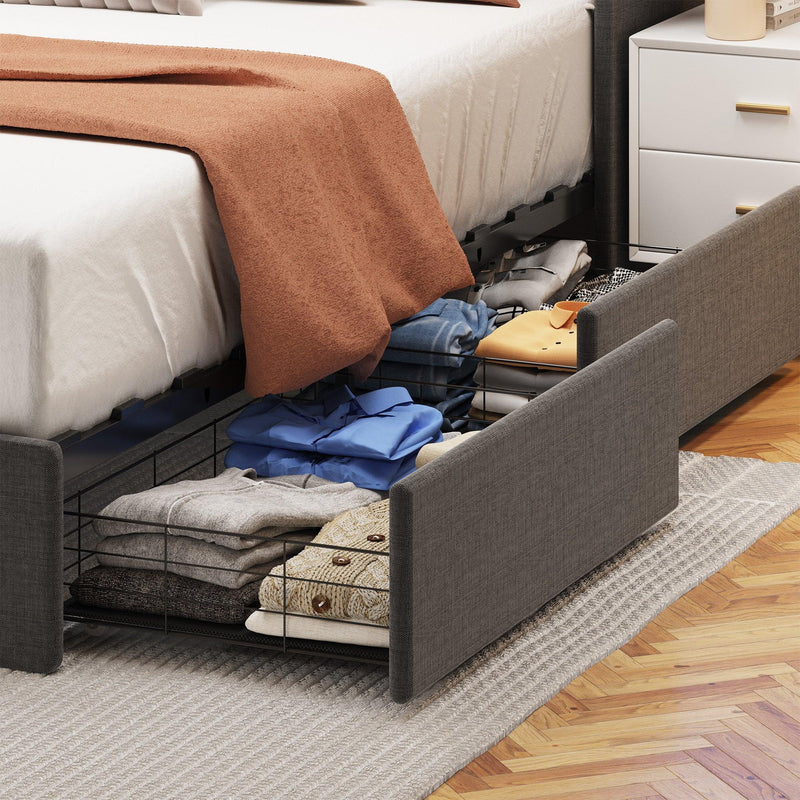 Queen Size Bed Frame with LED, 4 Under-bed Portable Storage Drawers, Wings Headboard Design, Dark Grey - Supfirm