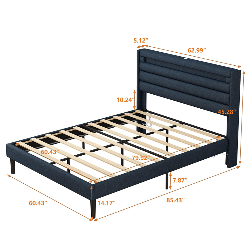 Queen Size Bedframe with LED Bedside Induction Light, Wrapped in Linen, Bedside Atmosphere Light, Anti Slip and Noise Free, Easy to Assemble, Dark Blue - Supfirm