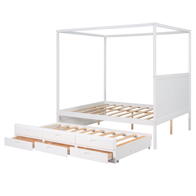 Queen Size Canopy Platform Bed with Twin Size Trundle and Three Storage Drawers,White - Supfirm