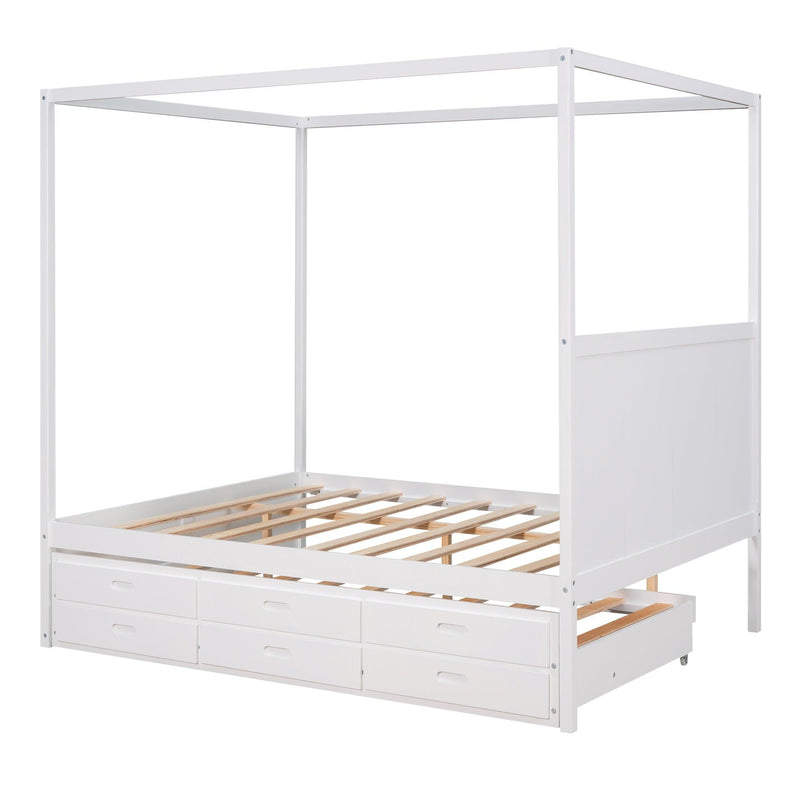 Queen Size Canopy Platform Bed with Twin Size Trundle and Three Storage Drawers,White - Supfirm