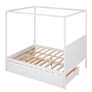 Queen Size Canopy Platform Bed with Twin Size Trundle and Three Storage Drawers,White - Supfirm