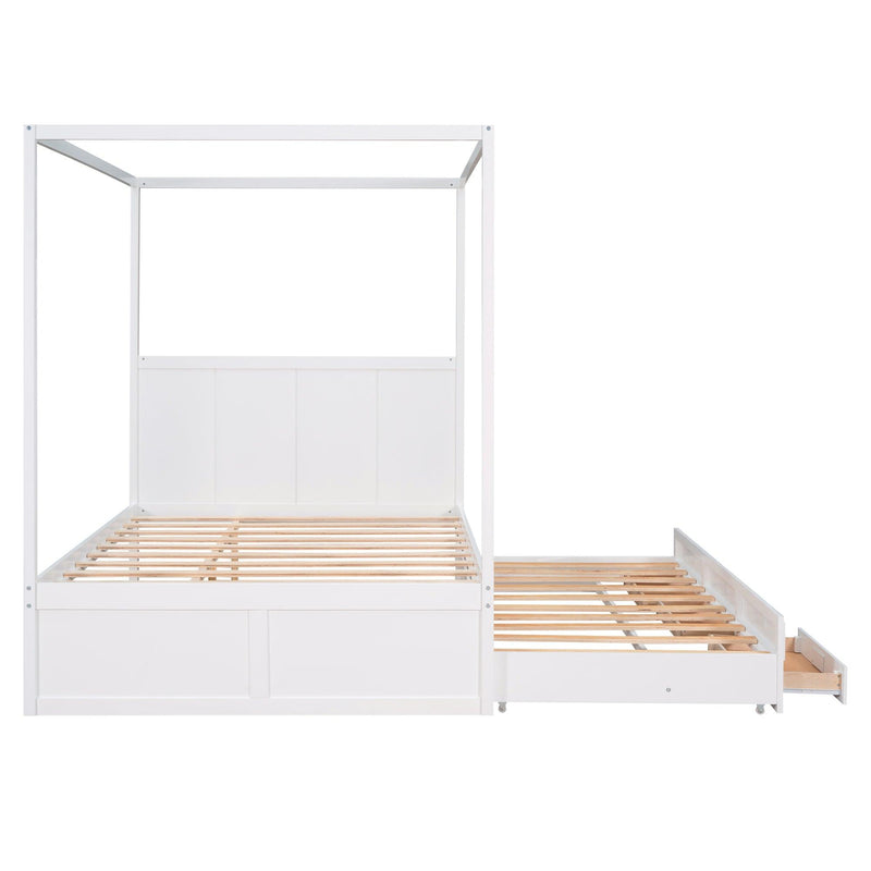 Queen Size Canopy Platform Bed with Twin Size Trundle and Three Storage Drawers,White - Supfirm