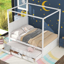 Queen Size Canopy Platform Bed with Twin Size Trundle and Three Storage Drawers,White - Supfirm