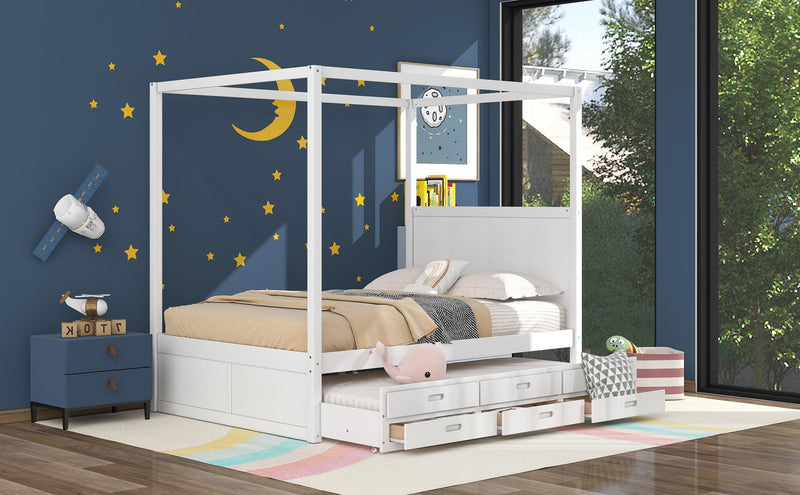 Queen Size Canopy Platform Bed with Twin Size Trundle and Three Storage Drawers,White - Supfirm